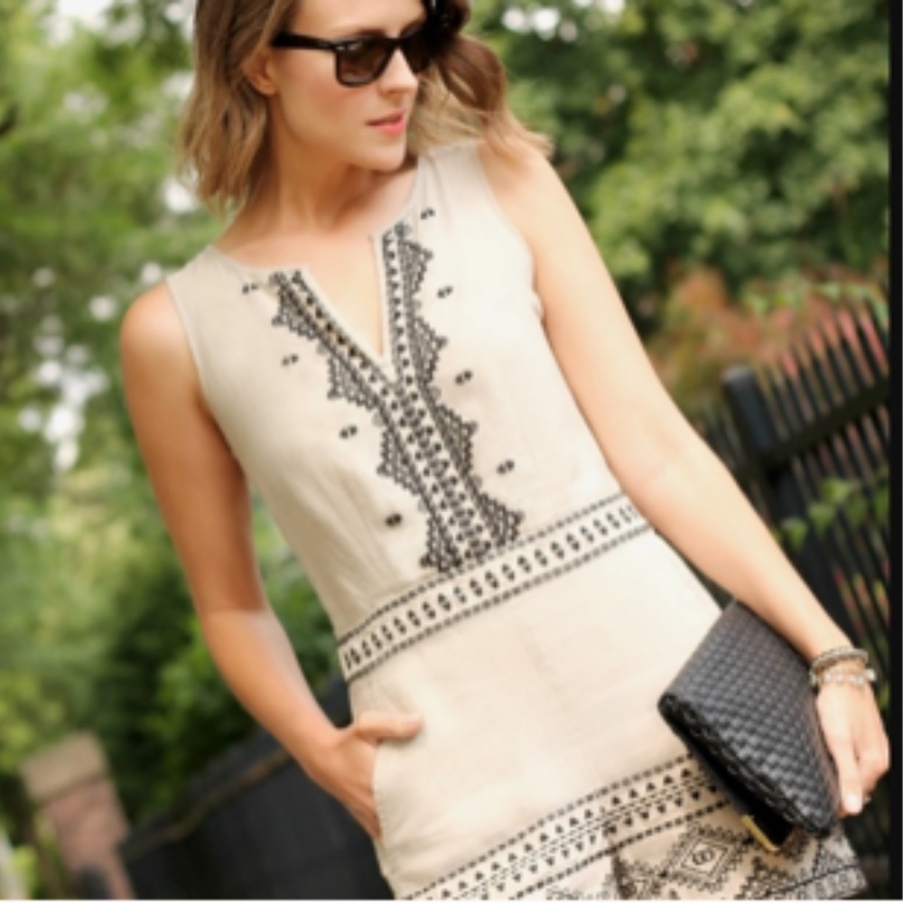 LOFT Linen Romper Aztec Embroidery Khaki Black 6